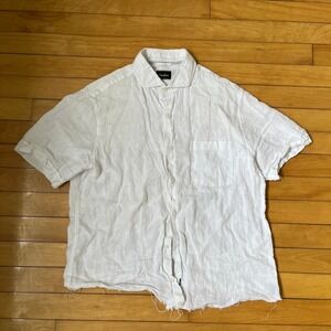 Neiman Marcus Mens White 100% Linen Short Sleeve Raw Hem Button Down Shirt M